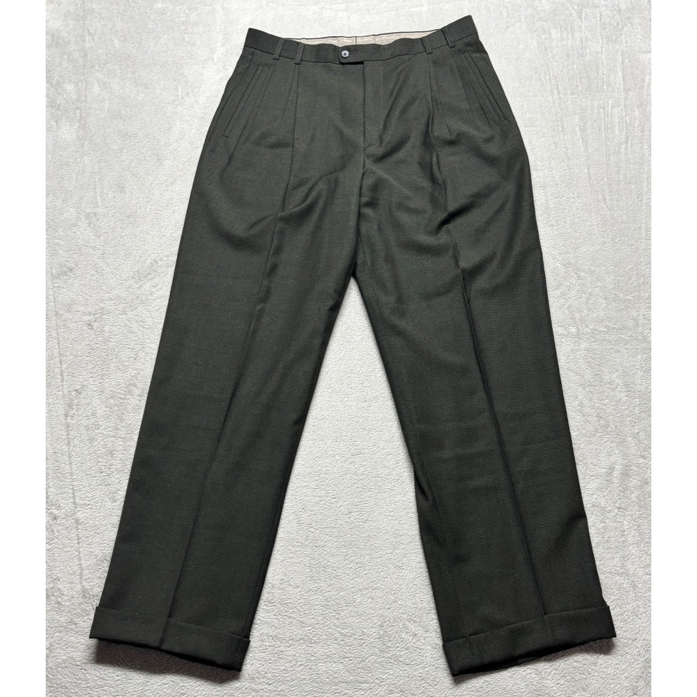 Zanella Dress Pants Mens 36 x 32 Olive Green Pleated Cuffed Slacks Trousers Wool